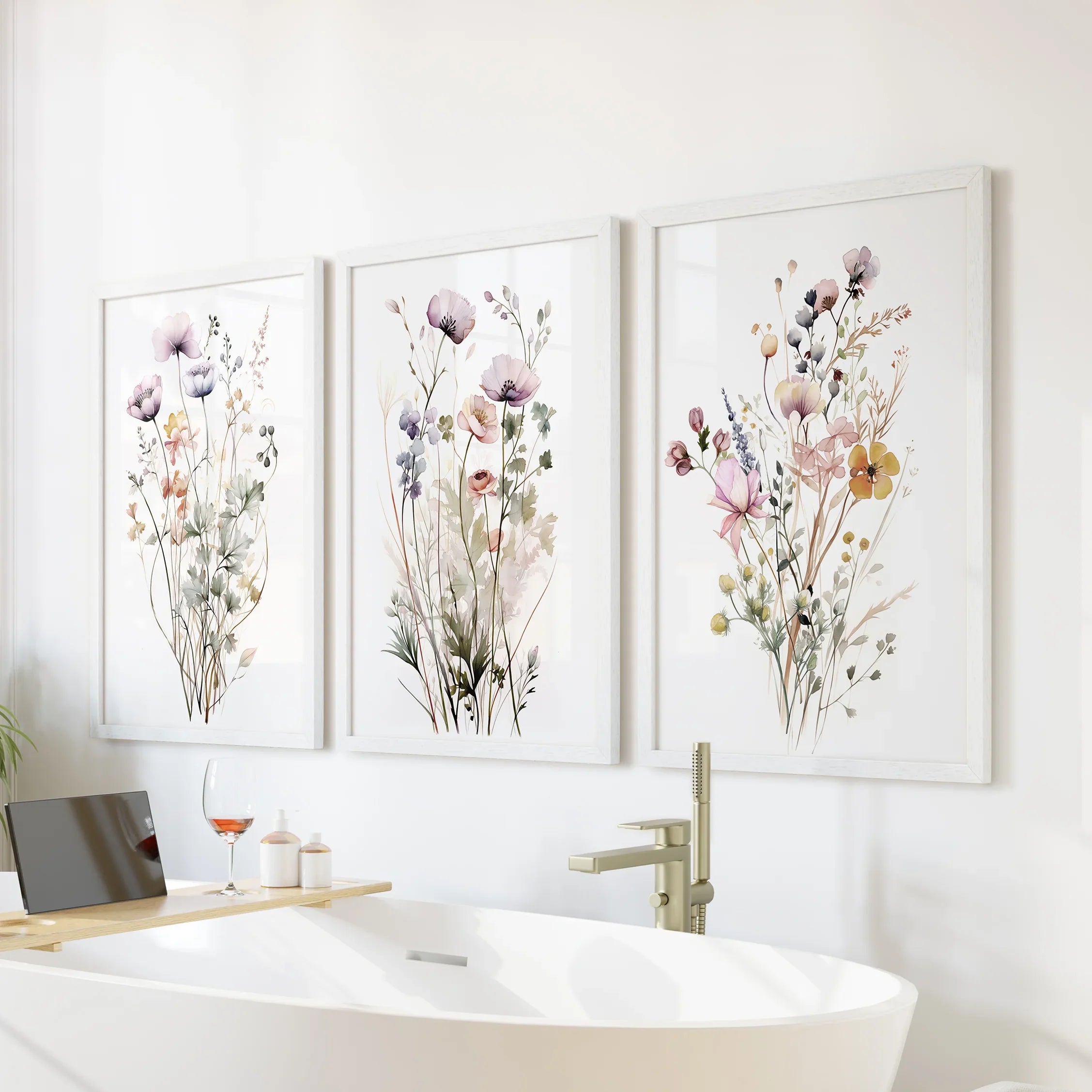Floral Watercolor Wall Decor. Elegant Garden Set of 3 Prints