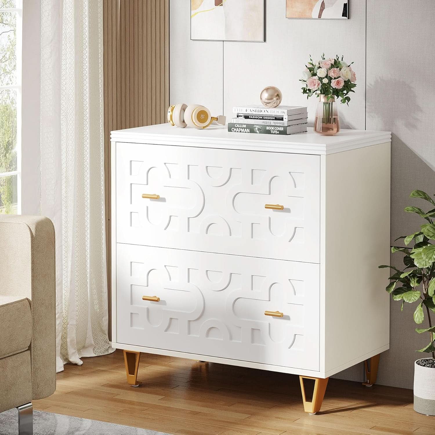 Two Drawer Lateral File Cabinet White And Gold For Legal Letter A4 Files Printer Stand Home Office