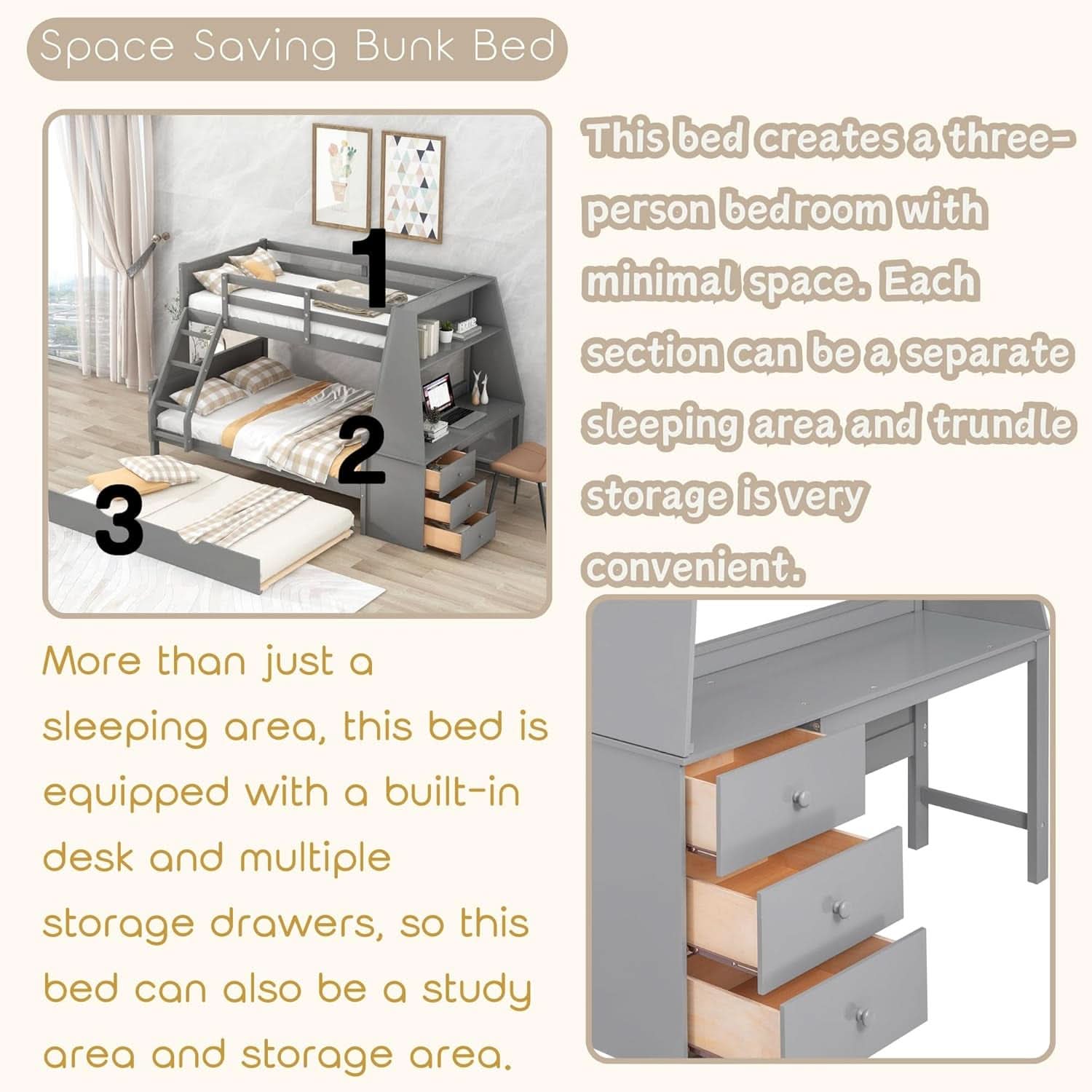 Gray Twin Over Full Bunk Bed With Trundle And Desk