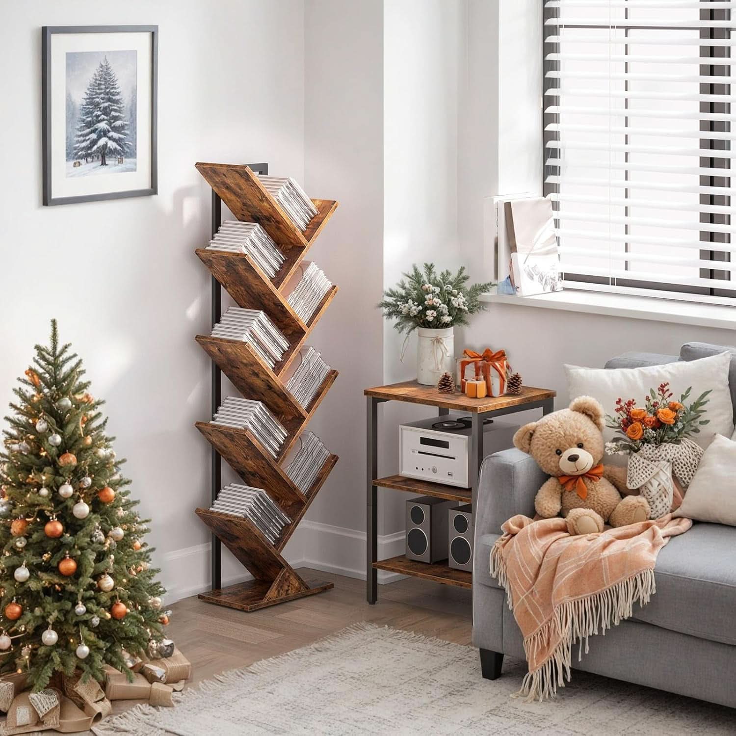 Tree Bookshelf 9 Tier Rustic Brown Living Room Bookcase
