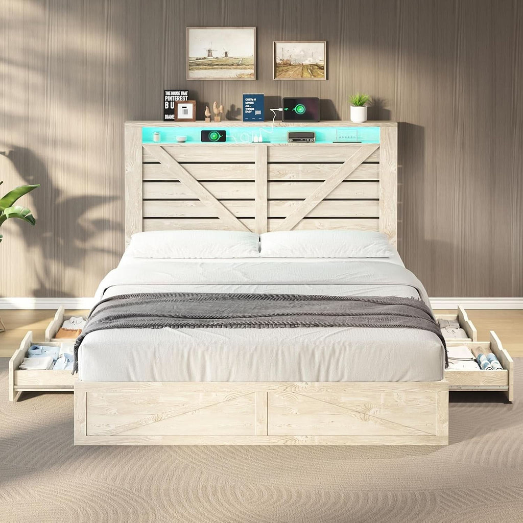 Queen Size Farmhouse Storage Bed With LED Lighting