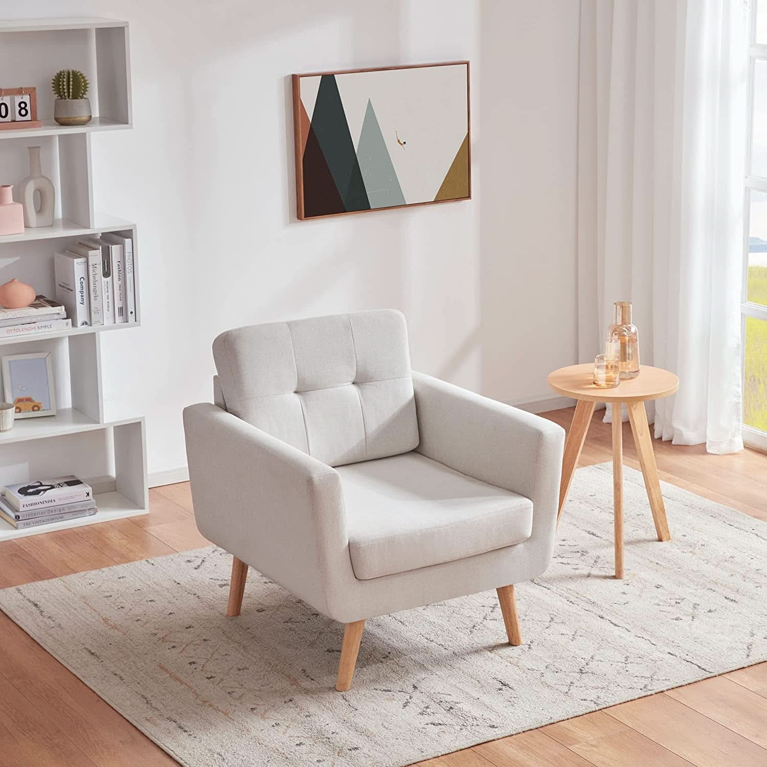Beige Mid Century Accent Chair With Tufted Upholstery