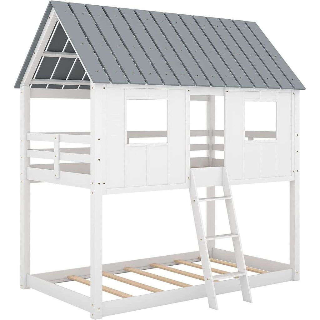 Twin House Bunk Bed With Playhouse White And Gray Finish