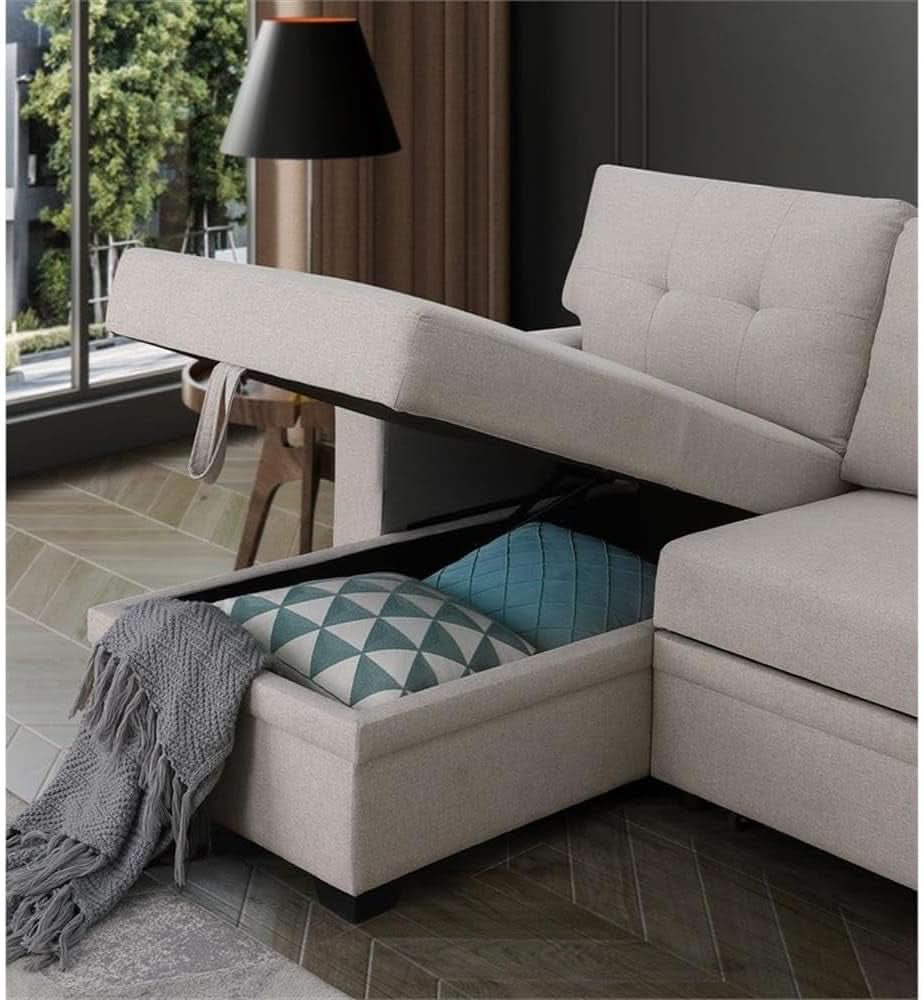 Beige L Shaped Convertible Sleeper Sectional Couch