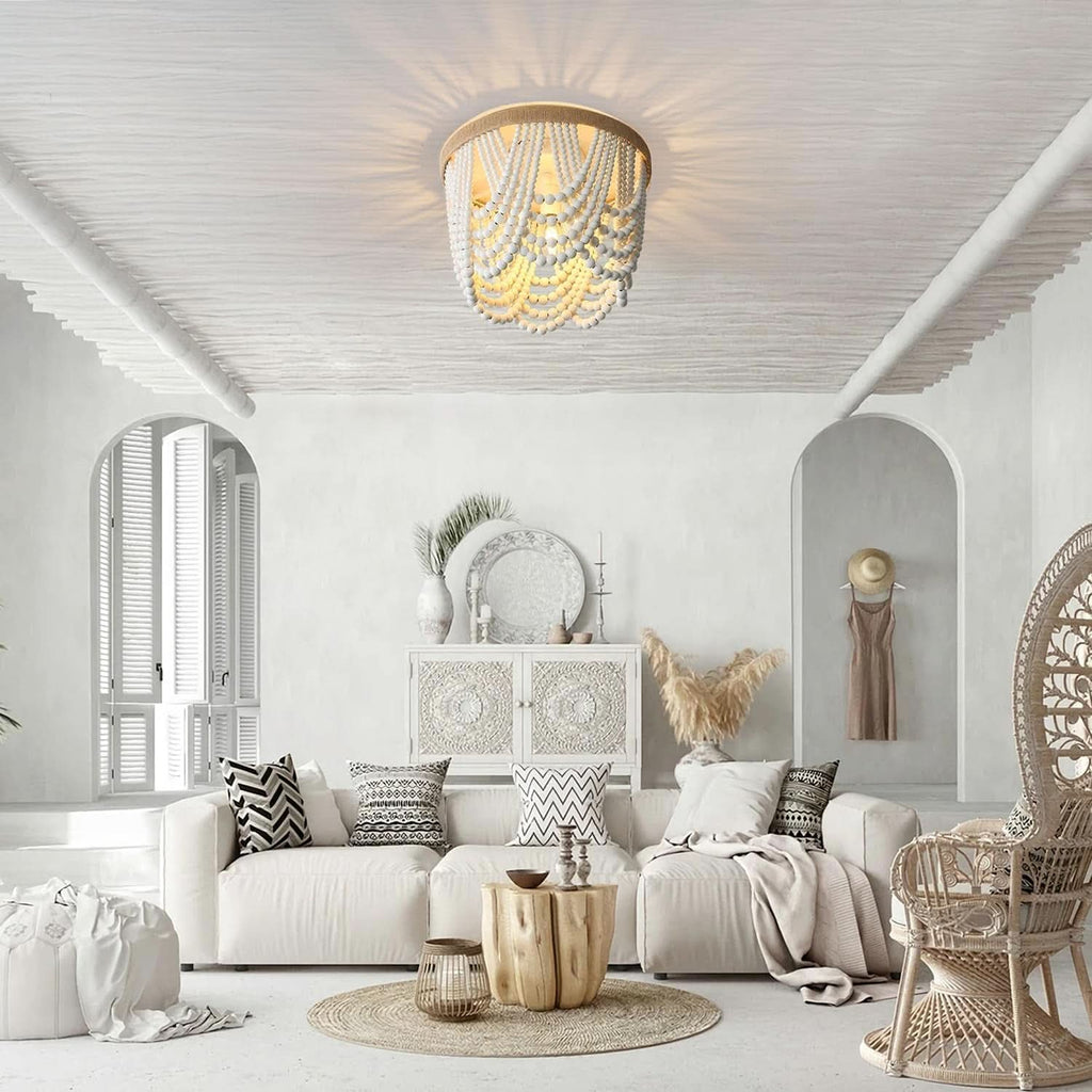 Three Light White Wood Bead Bohemian Chandelier Handmade