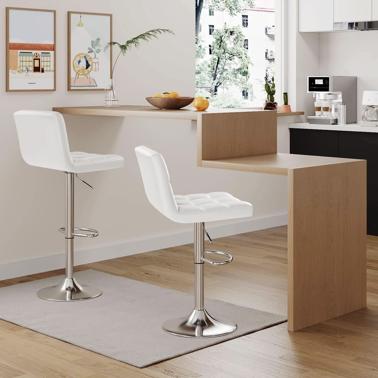 White PU Leather Swivel Bar Stool Set Of 2 Adjustable Height