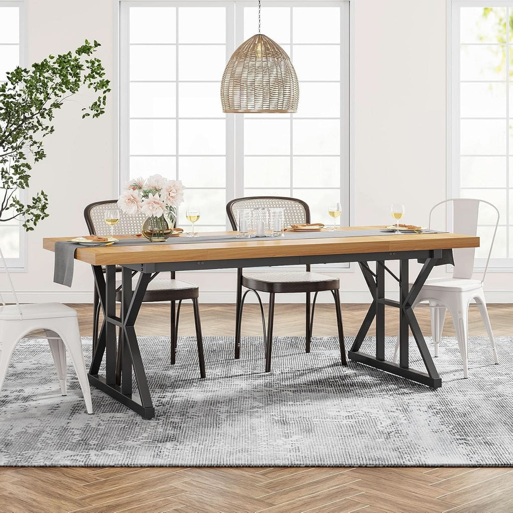 Farmhouse Dining Table 70.8 Inch Wood With Metal Legs
