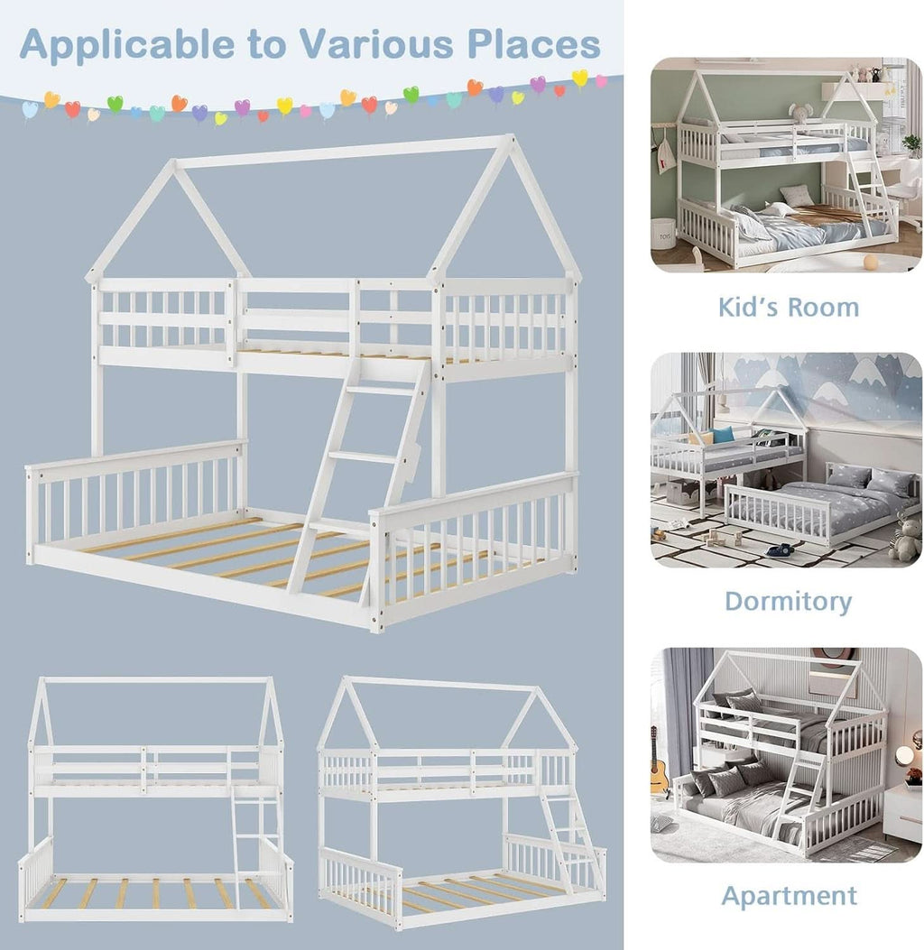 Solid Wood Twin Over Full Bunk Bed White With Guardrails