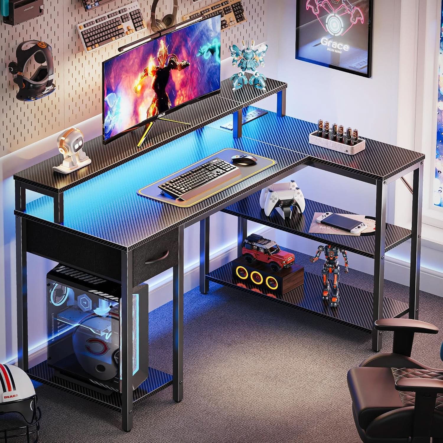 47 Inch L Shaped Gaming Computer Desk Power Outlets Plus