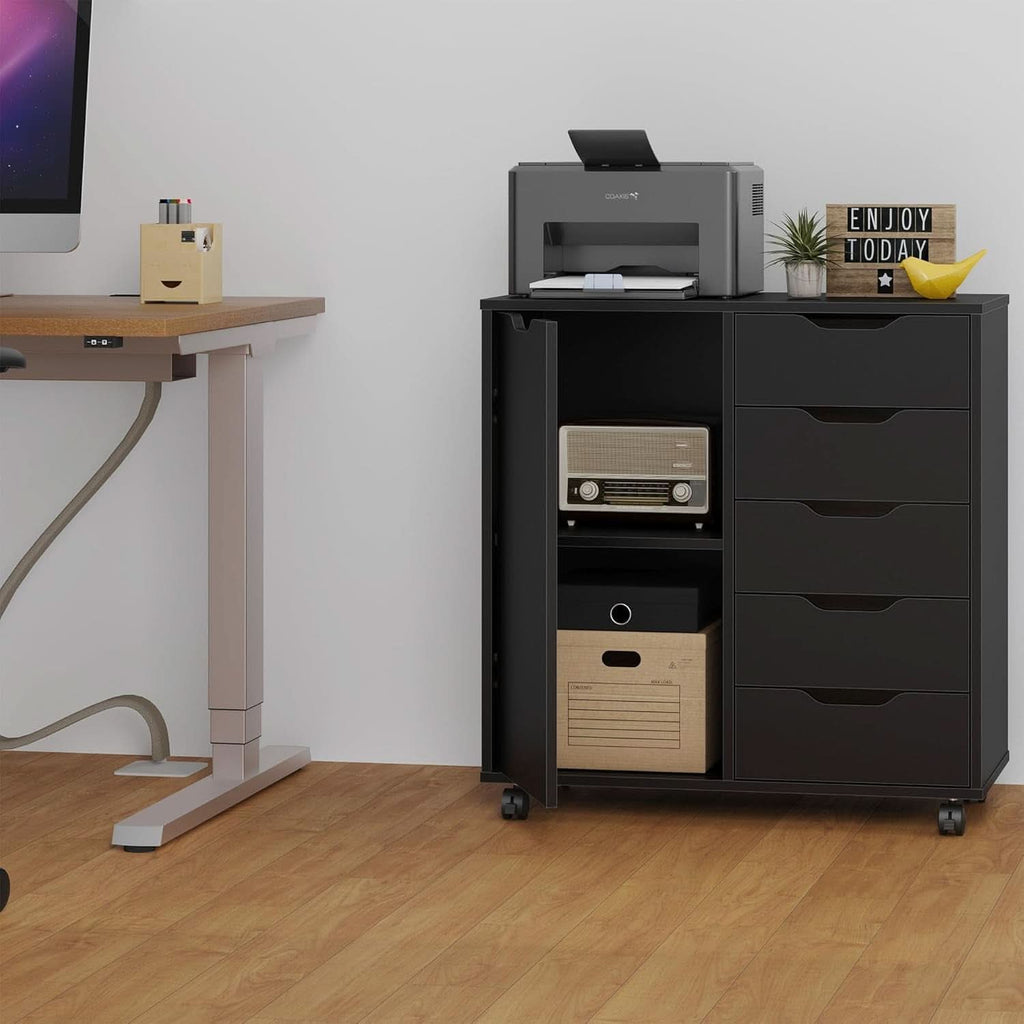 Premium SolidWood Black Five Drawer Interlocking Chest