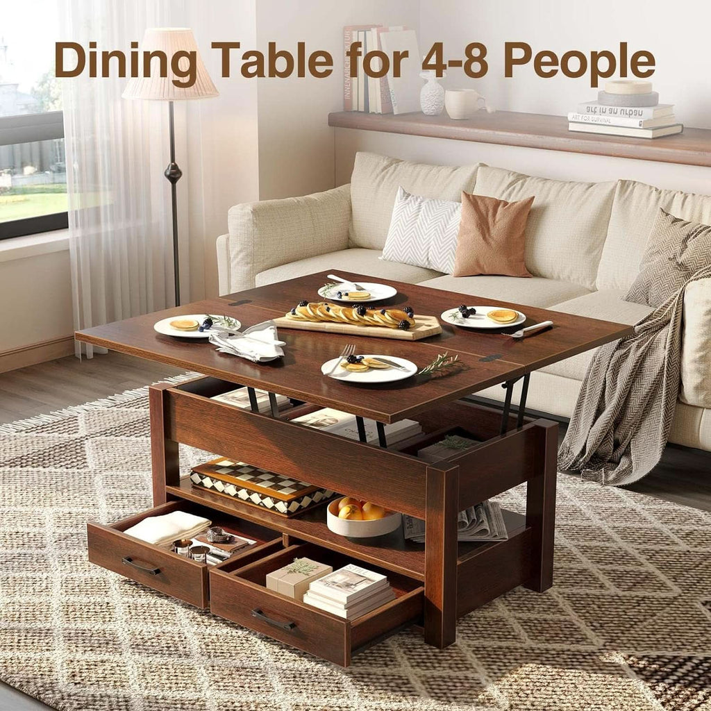 Espresso Lift Top Coffee Table With Drawers And Hidden Compartment