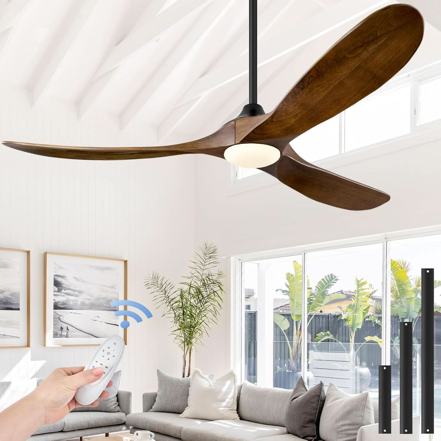 52 Inch Walnut Wood Ceiling Fan With Remote And Integrated Lights