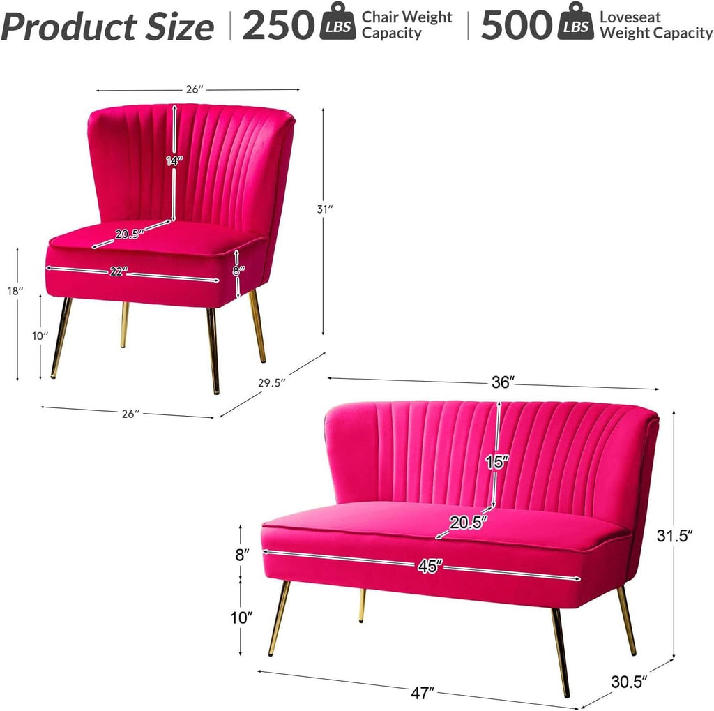 3 Piece Velvet Living Room Set Fuchsia Loveseat With Gold Legs And Accent Chairs