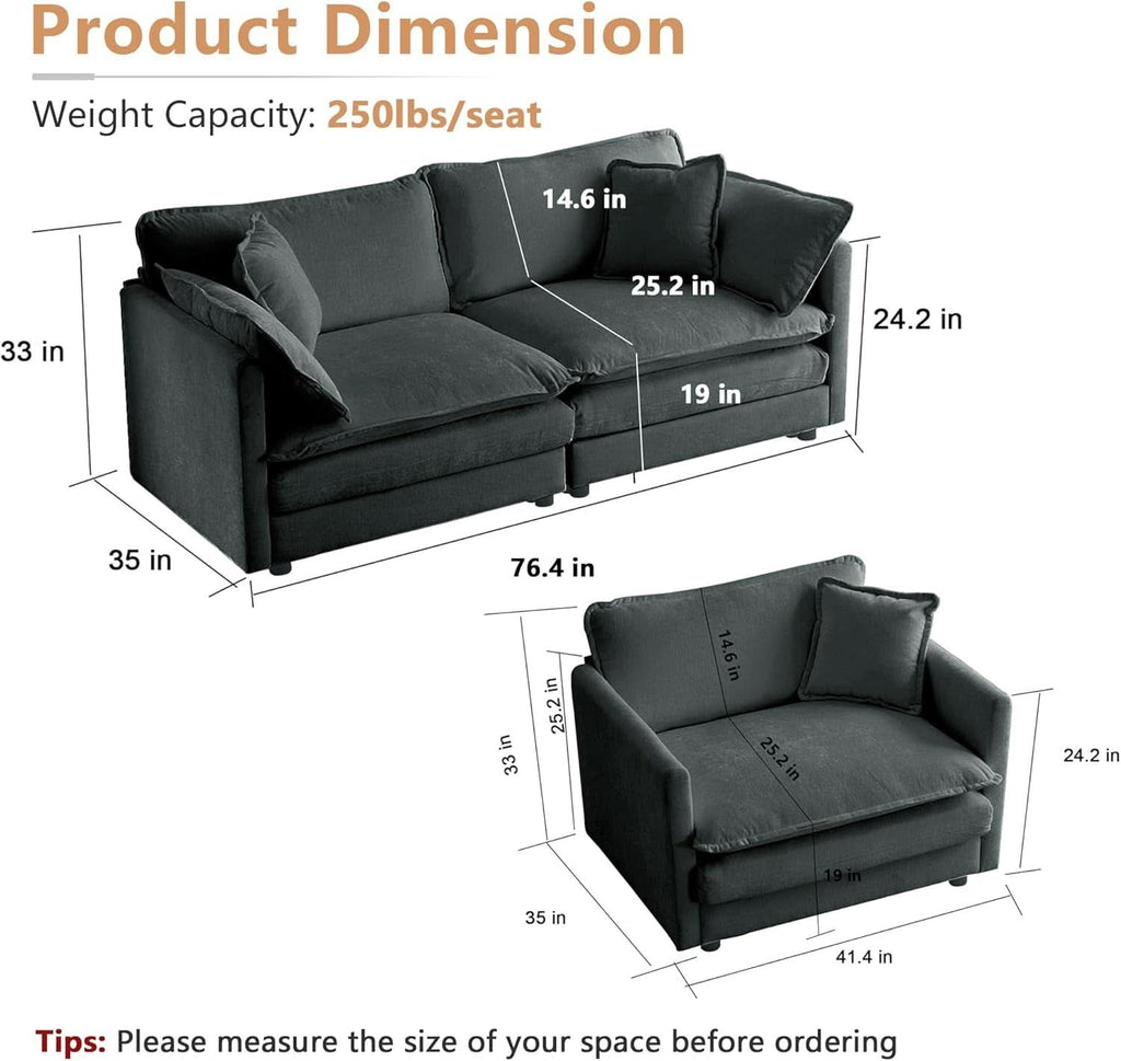 Grey Chenille 2 Piece Loveseat Armchair Set With Pillows
