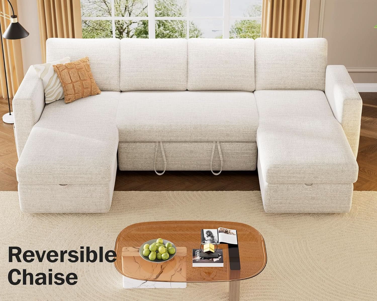 105Inch UShaped SectionalSofa With Pullout Bed Beige