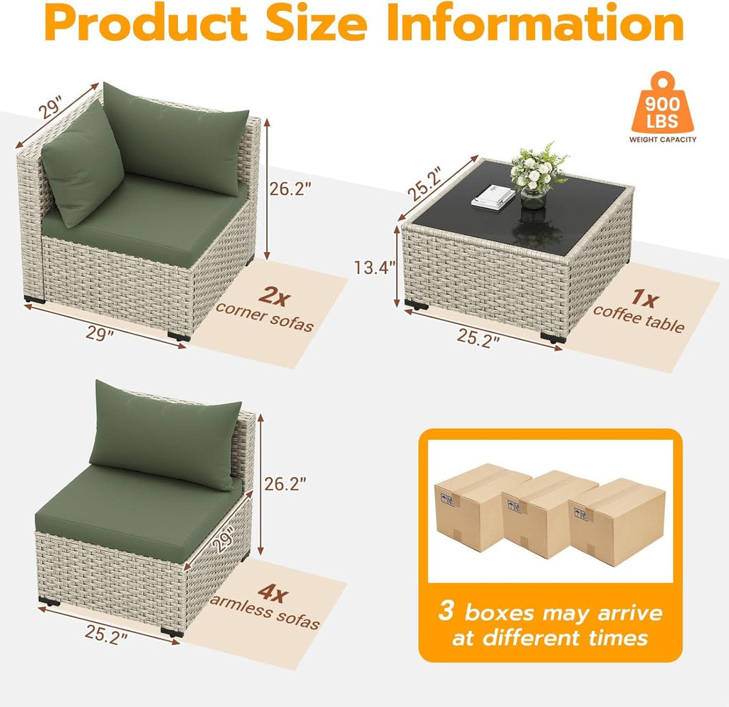Patio 7 Piece PE Wicker Sectional Sofa Set Table Green