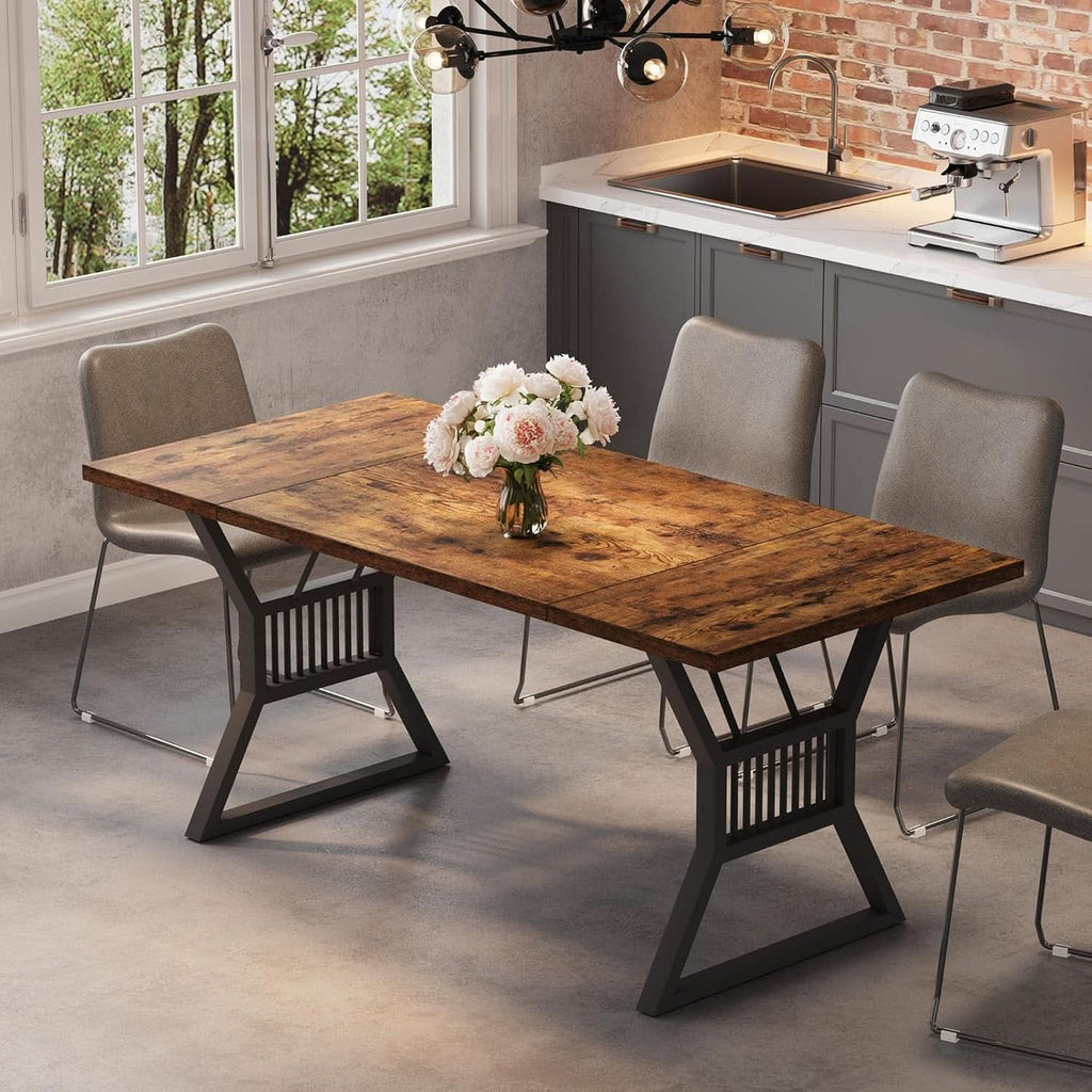 70.8 Inch Farmhouse Dining Table With Heavy Duty Metal Legs