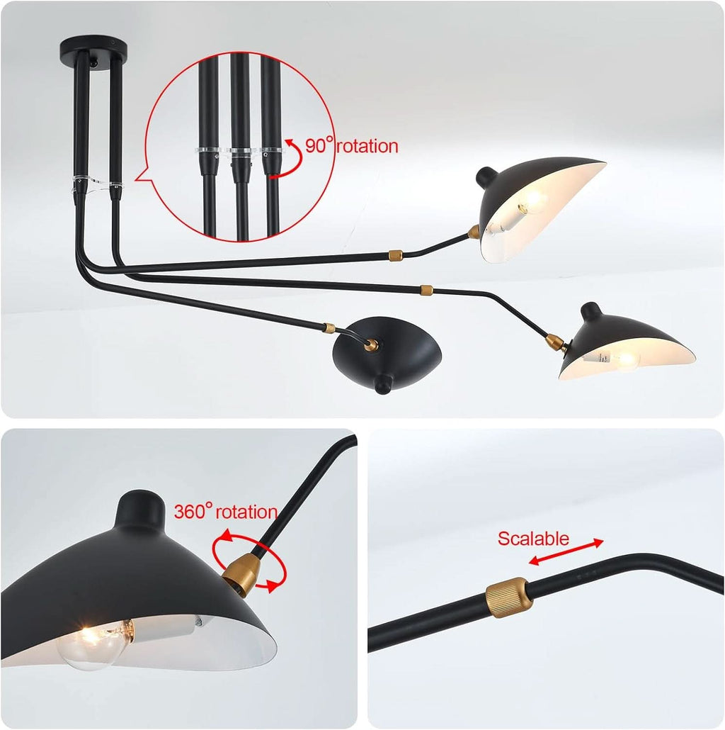 Matt Black Three Arm Adjustable Pendant Light Chandelier