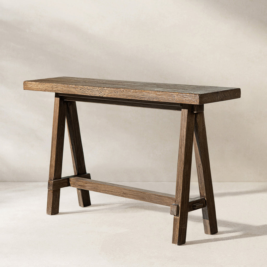 Hawthorne 60'' Solid Reclaimed Elm Trestle Console Table, Heritage Medium-Dark Brown