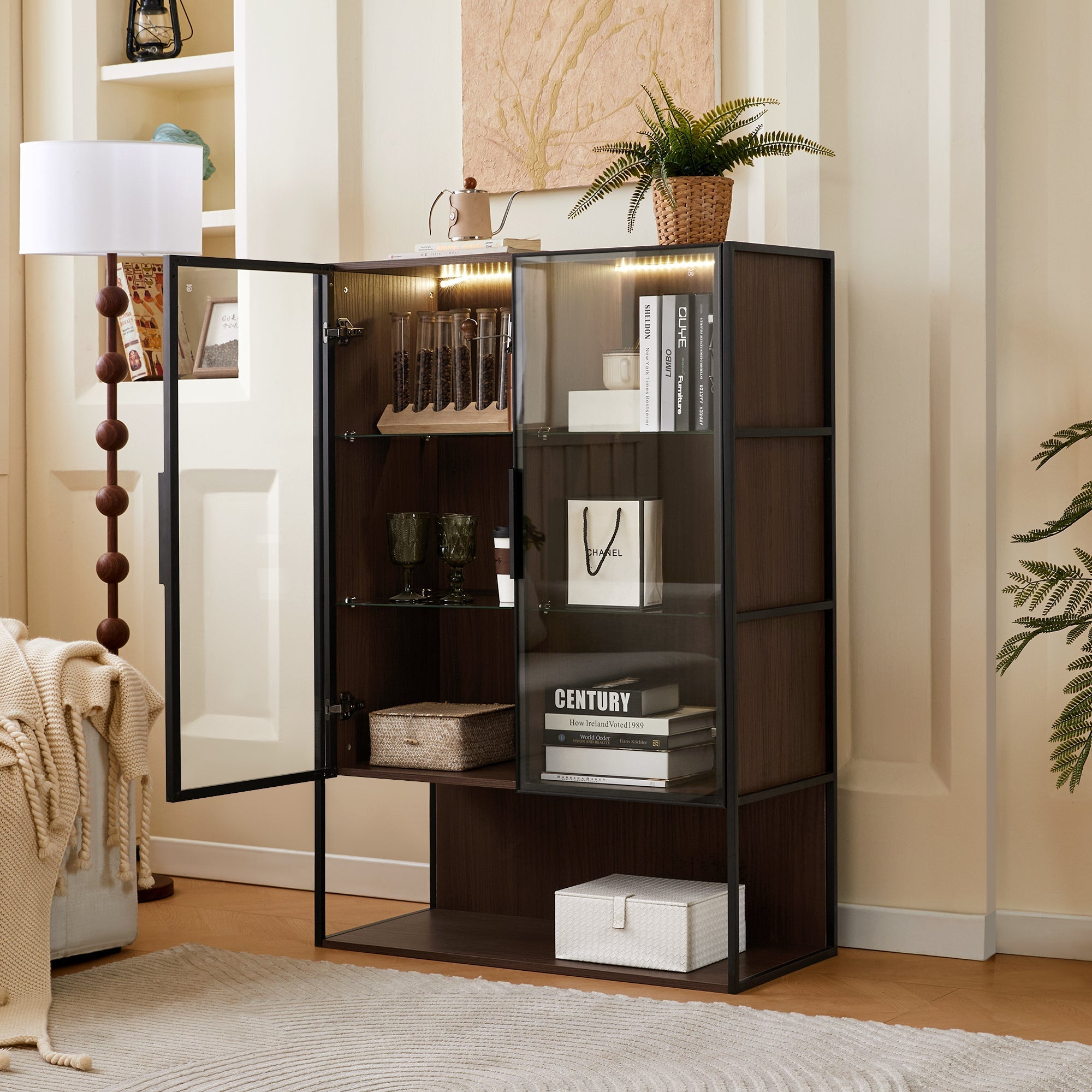 Modern Minimalist 51.2" Tall Lighted Display Cabinet with Tempered Glass