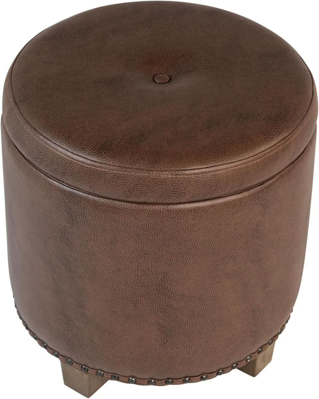 Round Storage Ottoman With Nailhead-Trim Brown Faux Leather