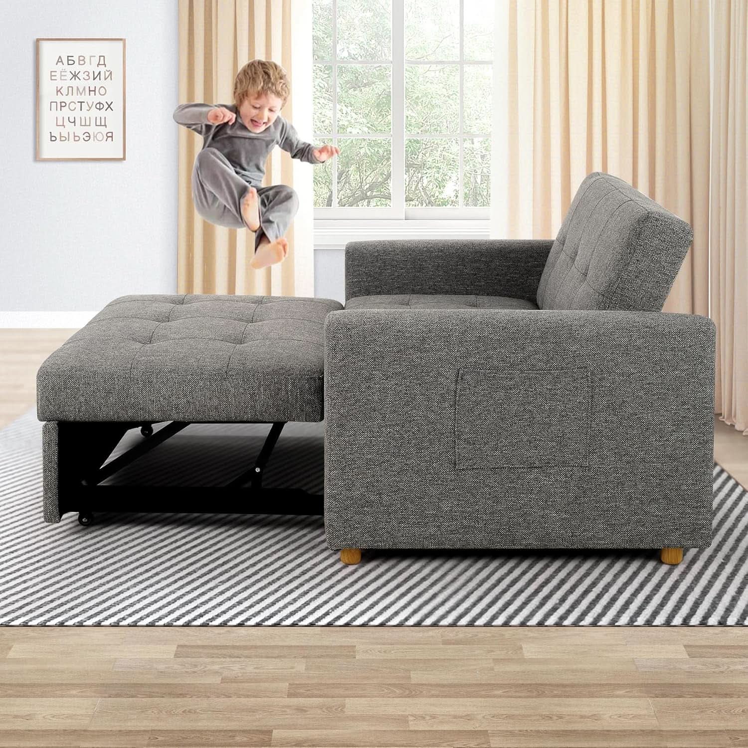 Sleeper Sofa Bed, 3-In-1 Convertible Sofa Chair, Linen Fabric Pull Out Couch Bed, Loveseat Sleeper with Spring Support, Adjustable Backrest, 2 Seater Recliner Chair for Small Space, Dark Grey