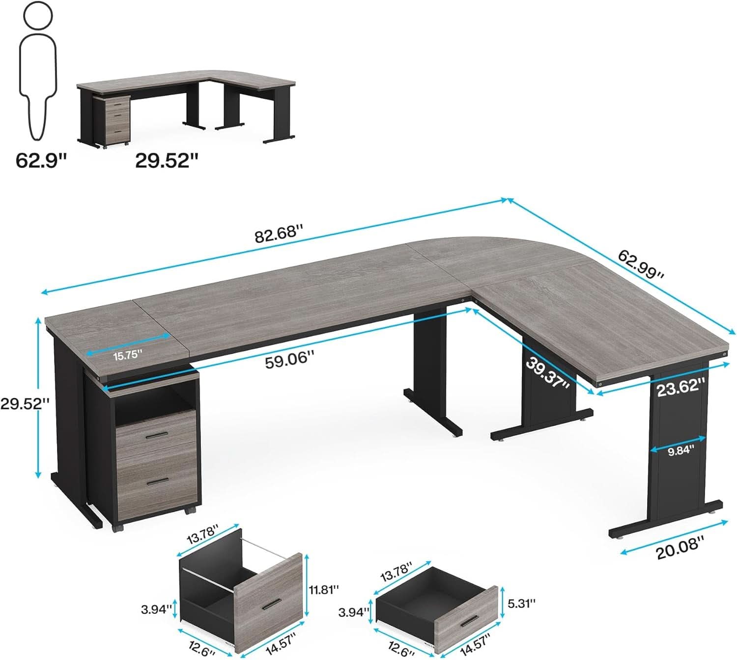 83 Inch L Shaped Office Desk Gray Executive Desk Large