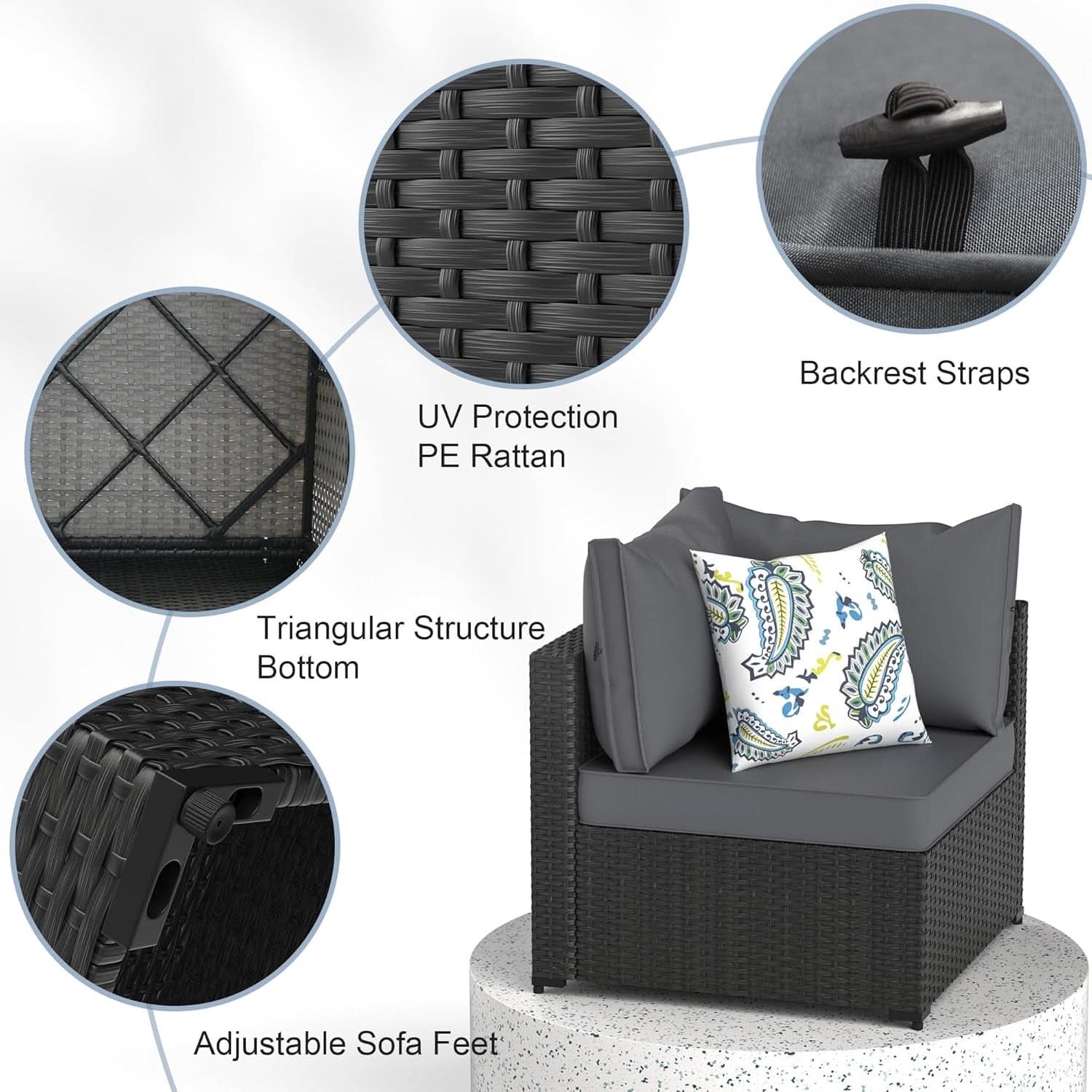 5 Piece Patio Furniture Set Waterproof Rattan Grey Cushions