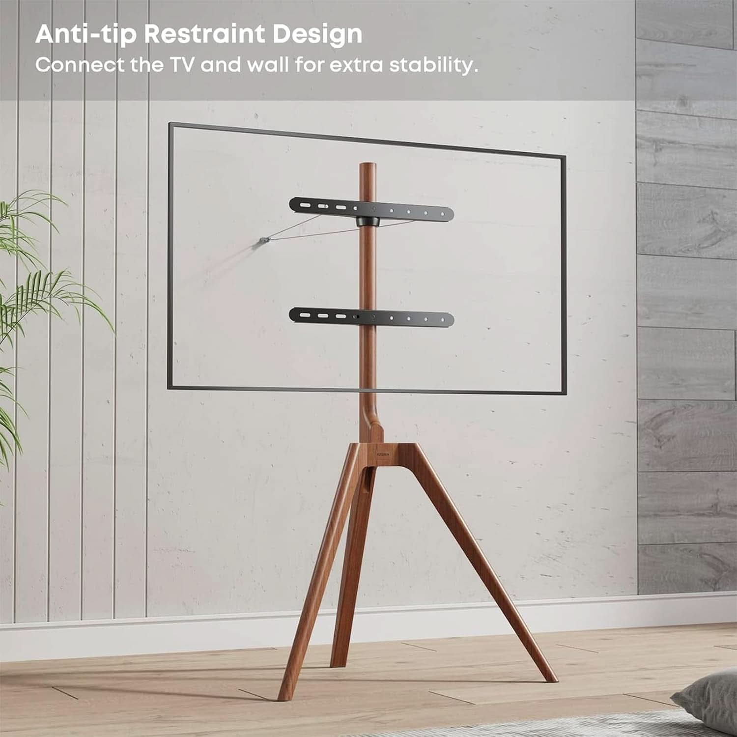 Wood Easel TV Stand For 45 To 65 Inch TVs Walnut Floor