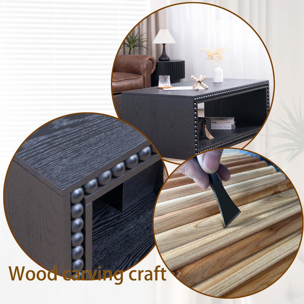 Black Beaded Edge Coffee Table – 47.6' Rectangular Center Table with Open Storage Shelf