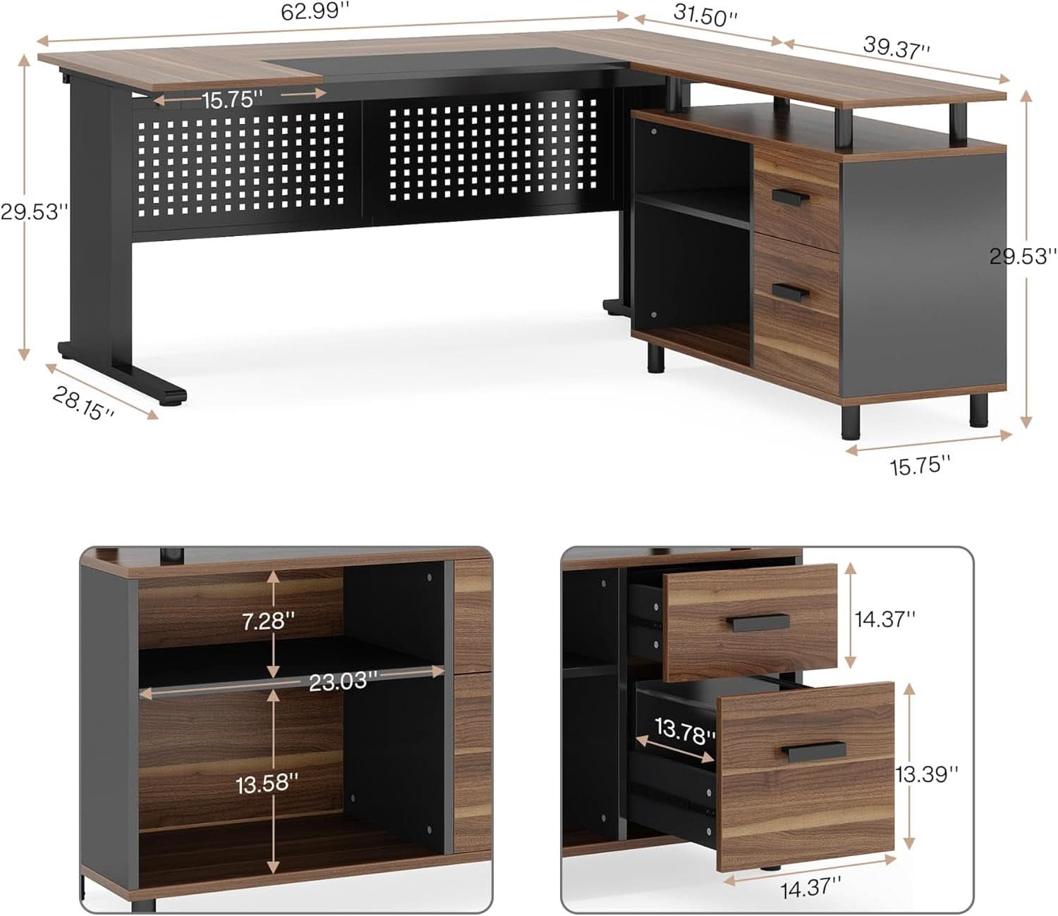 63 Inch L Shaped Desk With File Cabinet For Home Office