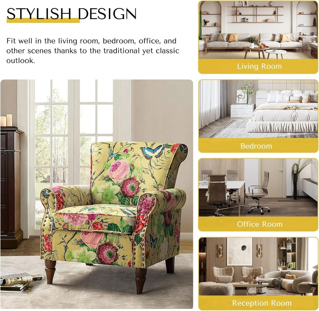 Mustard Floral Wingback Accent Chair With Solid Wood Legs