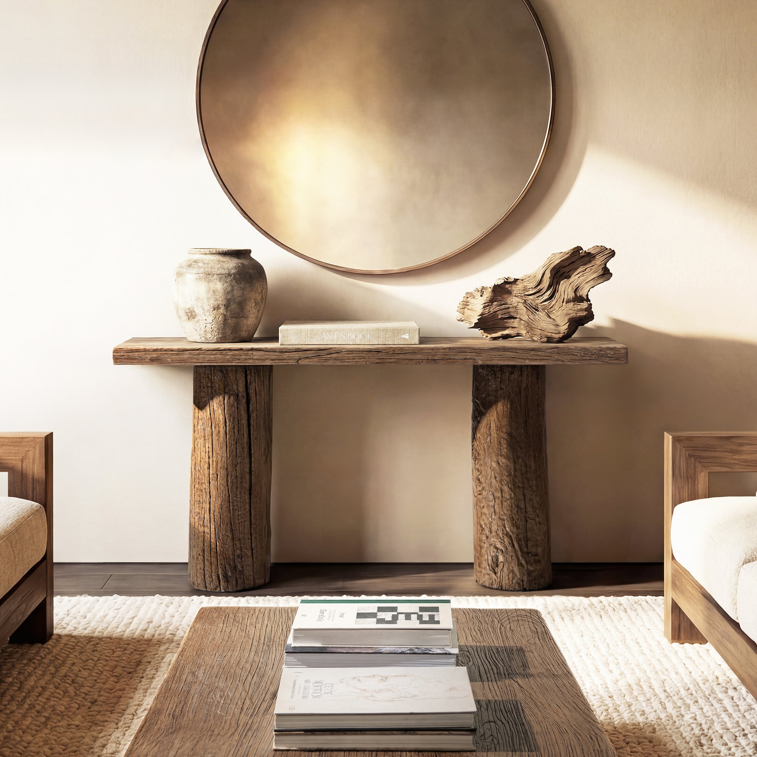 Arbor 60' Reclaimed Elm Double Pillar Console Table, Heritage Medium-Dark Brown