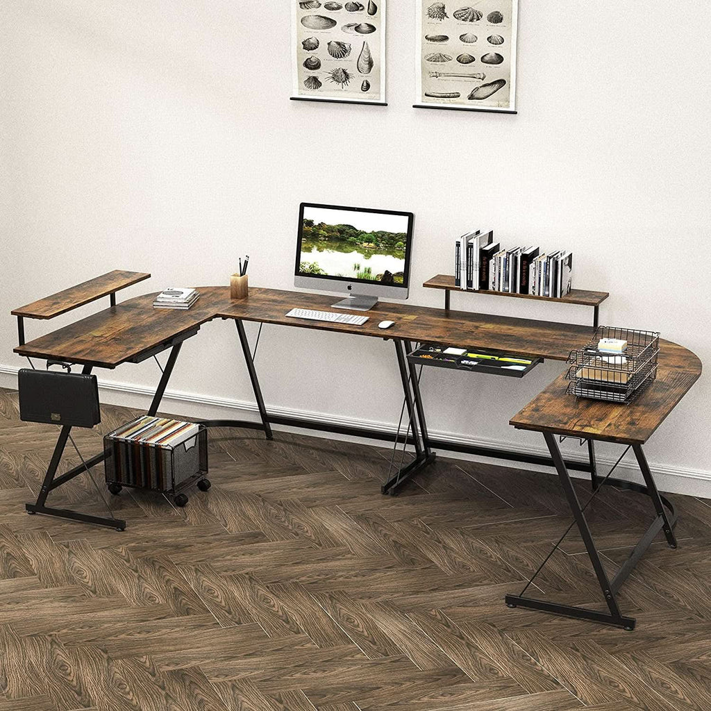 Vista Rustic Brown L Shaped Desk With Monitor Stand