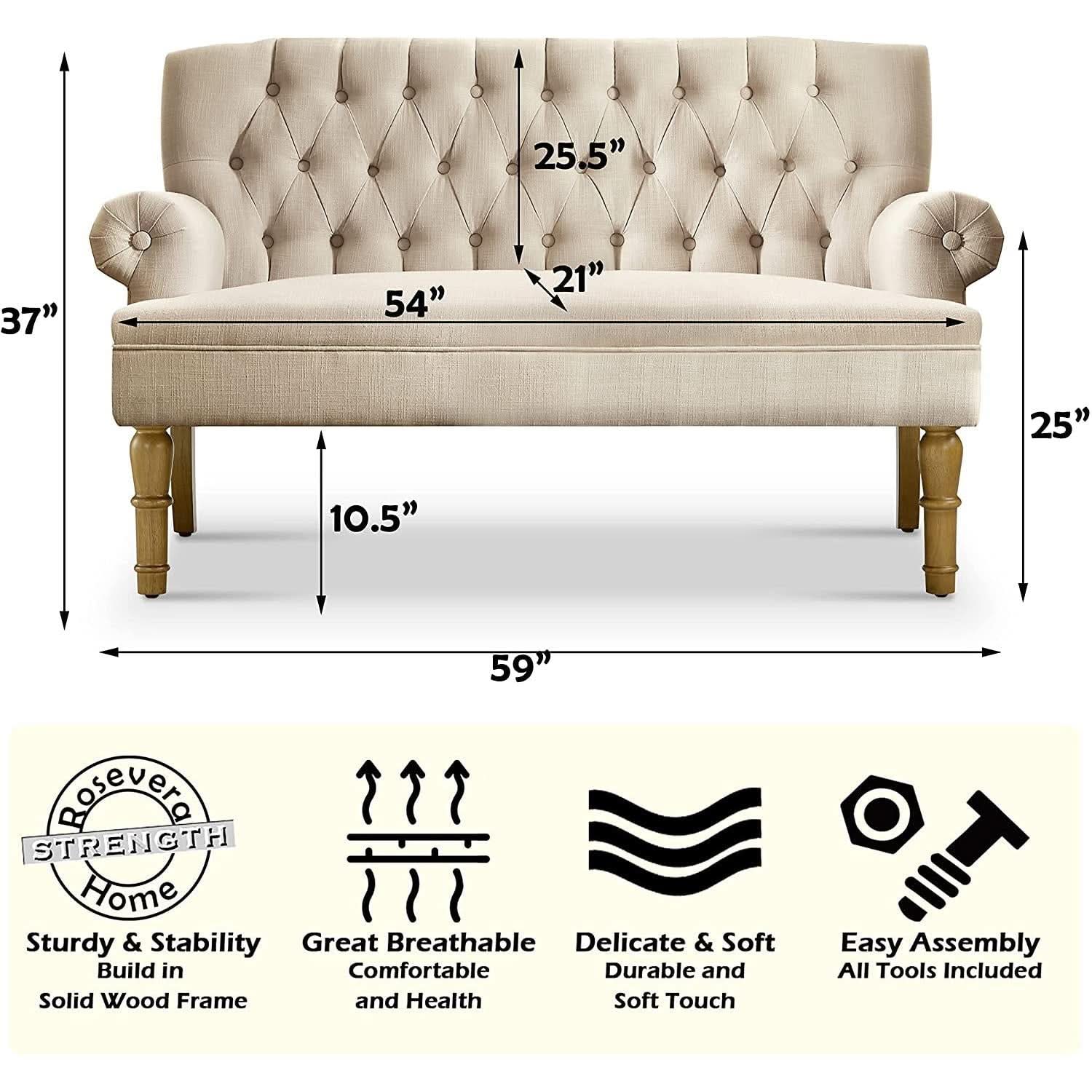 Warm Beige Tufted Loveseat Sofa Set With Rolled Arms And Linen Fabric