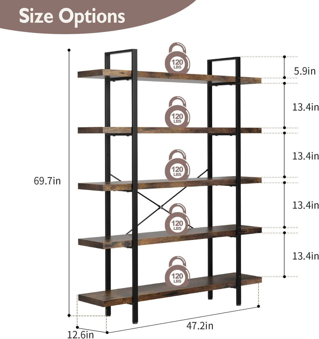 Brown 47 Inch Wide Industrial Bookcase Open Shelves