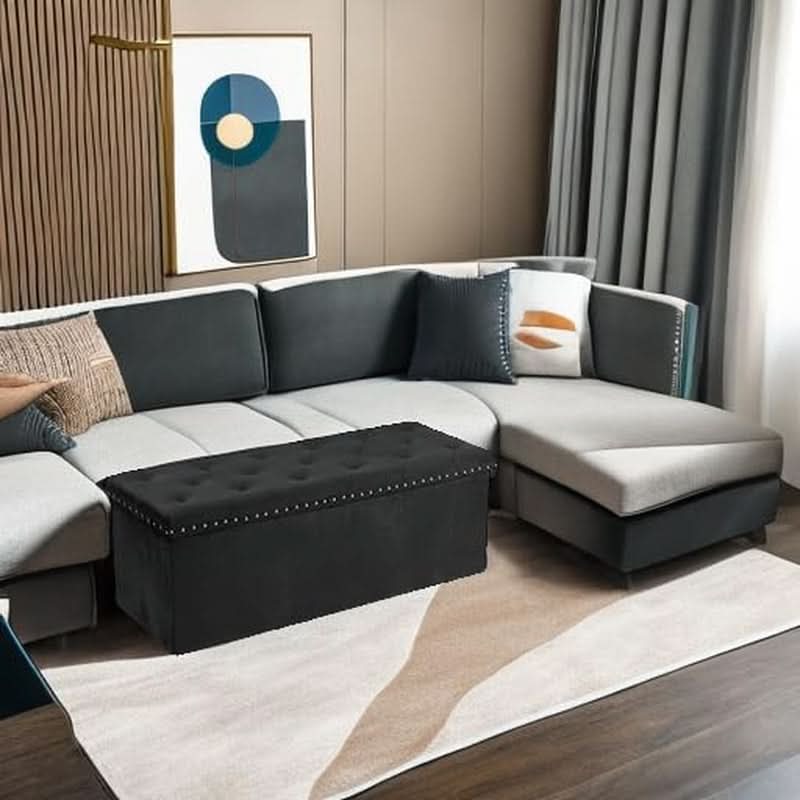 Jet Black Storage Ottoman Bench Seat 43.3 Inch Length