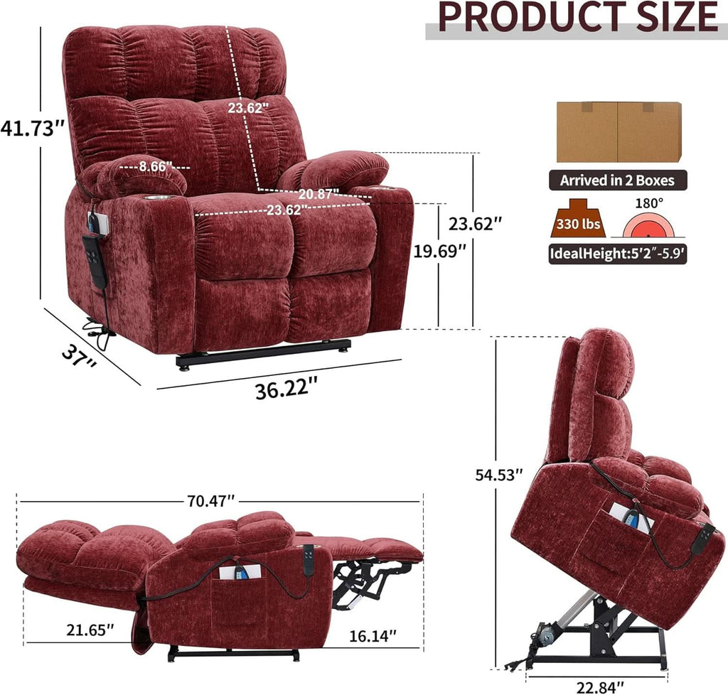 Red 180 Degree Flat Sleeping Electric Dual OKIN Motor Lift Recliner Chair With Heating