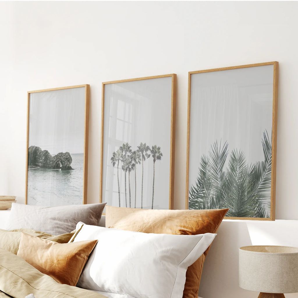 Modern Coastal Wall Art. Ocean Rock, Palms, Tropical Leaf