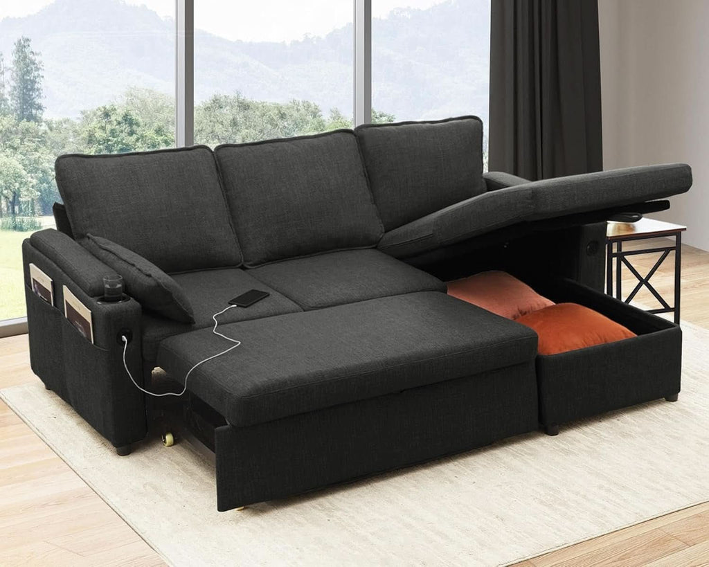 Convertible Sofa Bed with Storage and Cup Holder