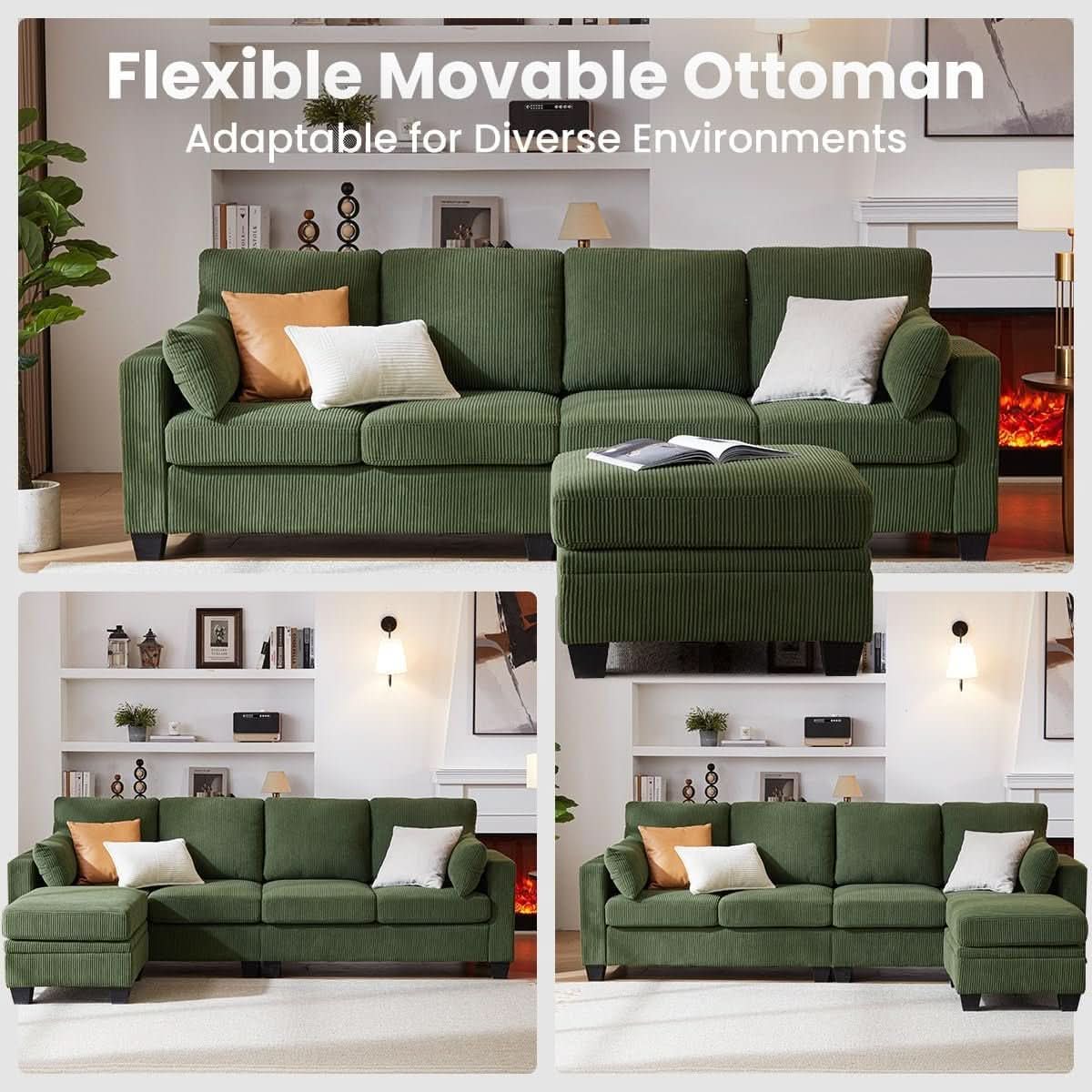 Corduroy Modular L Shaped Couch with Storage Ottoman