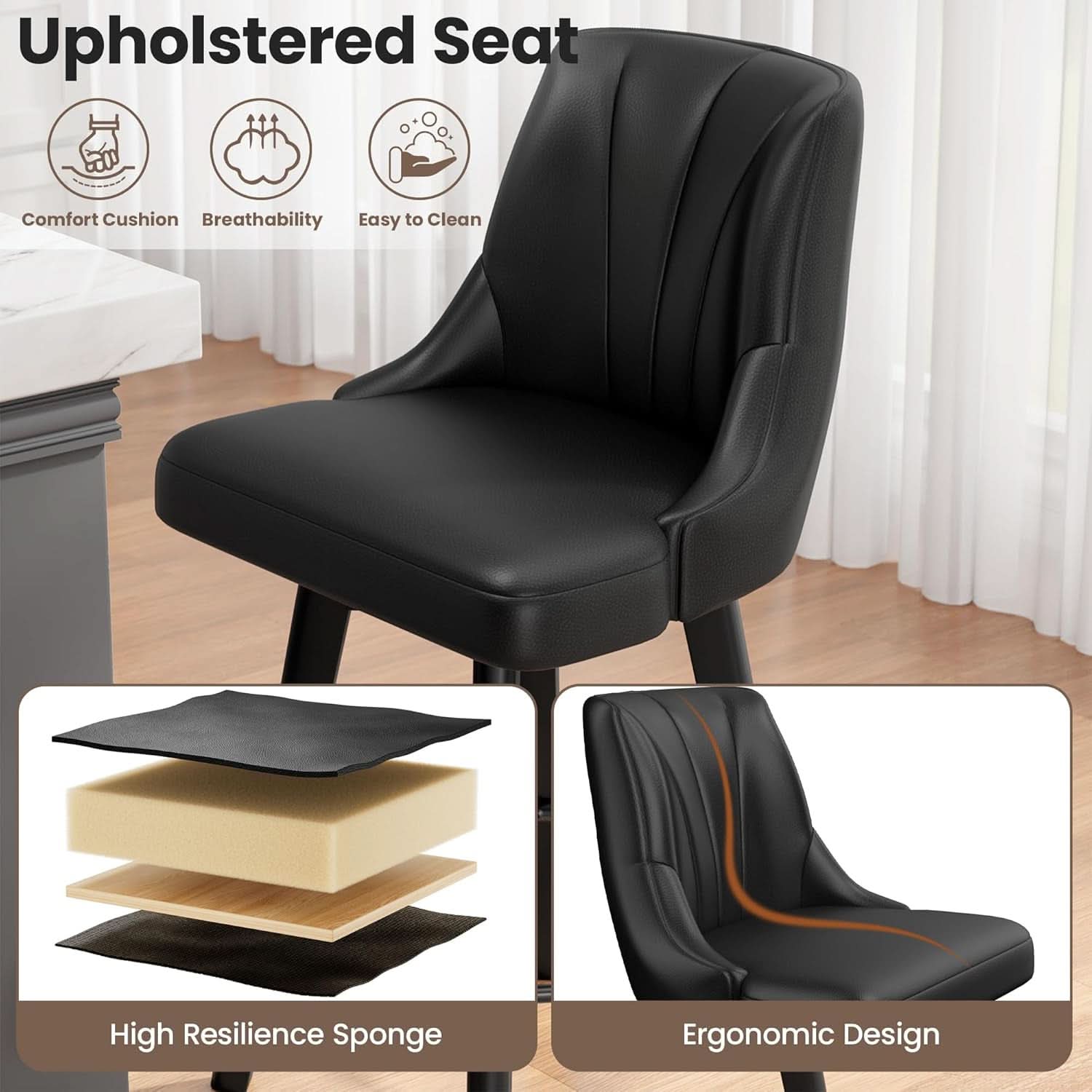 Counter Height Swivel Bar Stool 24 Inch Set Of 3 Black PU Leather