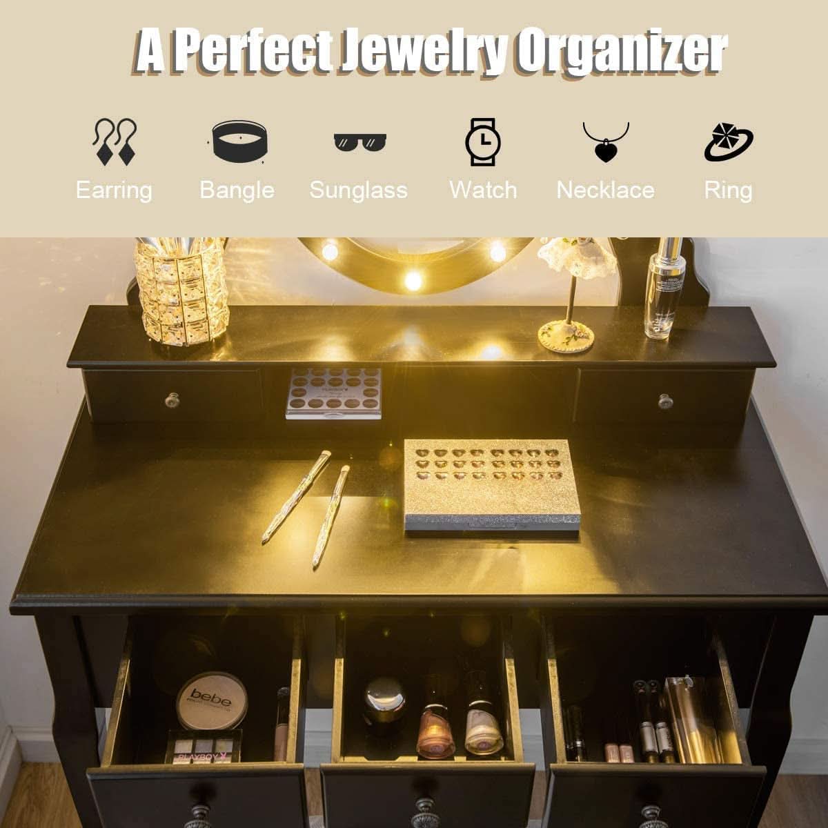 Black Vanity Dressing Table Set With Rotating LED Mirror