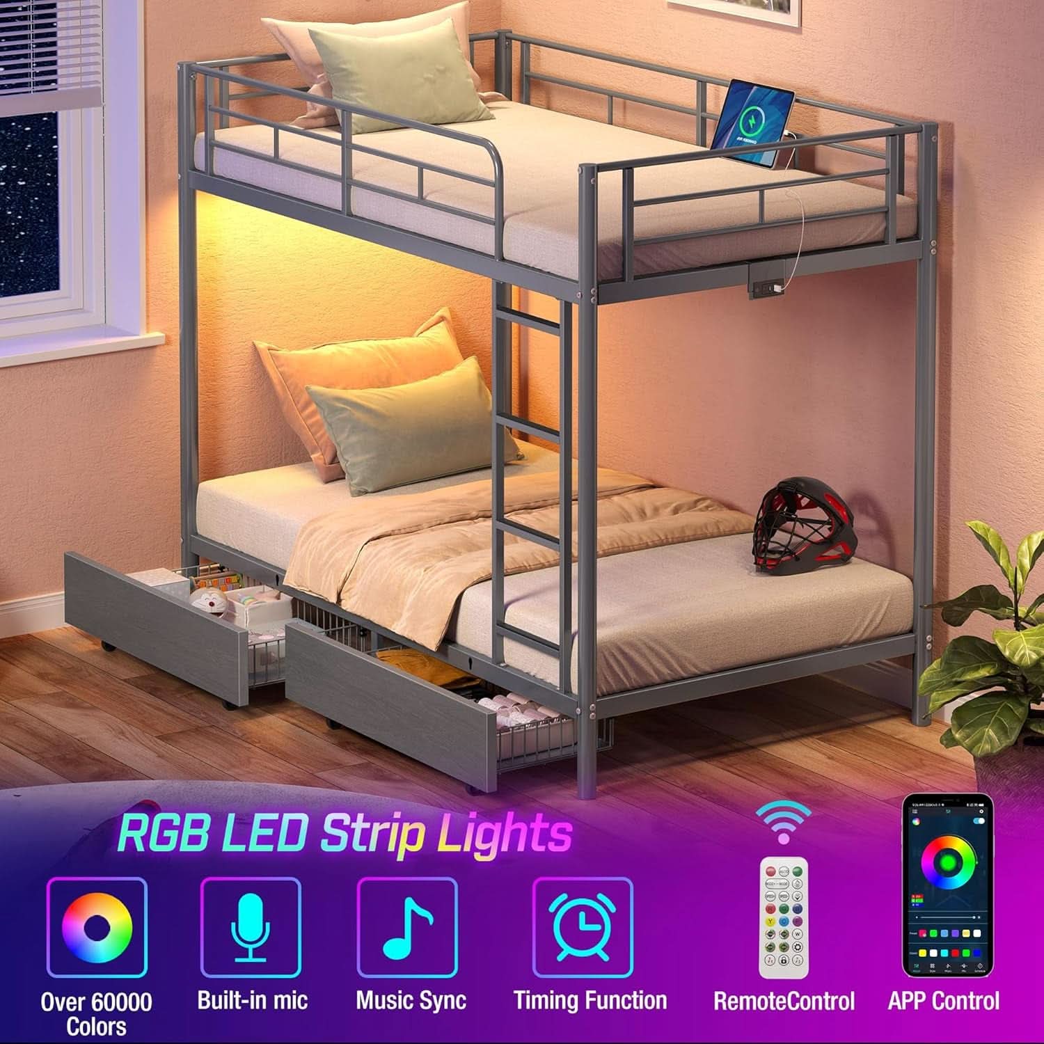 Grey Metal Twin Bunk Bed With USB Charging And Drawers