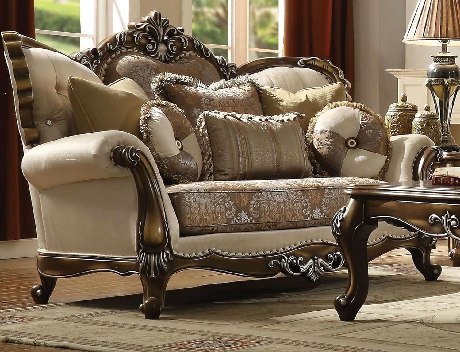 4 Piece Living Room Set Tan And Antique Oak Traditional