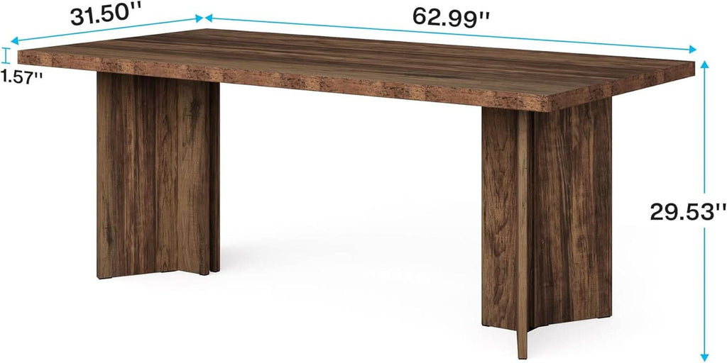 63 Inch Dark Brown Farmhouse Dining Table With Large Tabletop For 4 To 6 People