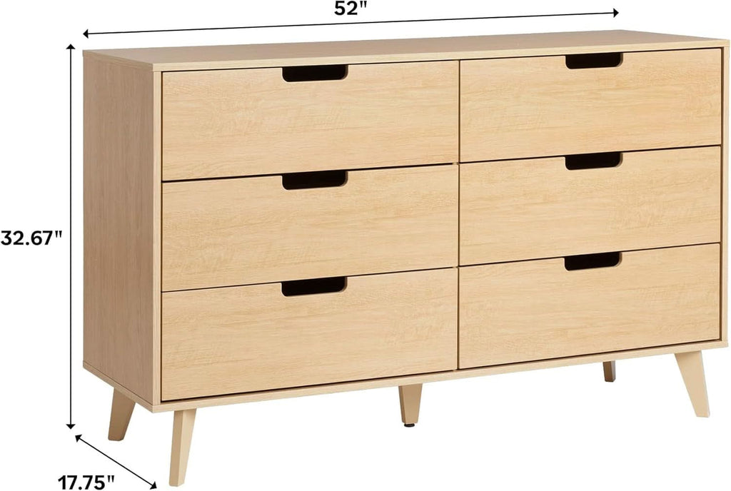 Mid-Century Modern 6-Drawer Dresser, 52 Inch Width