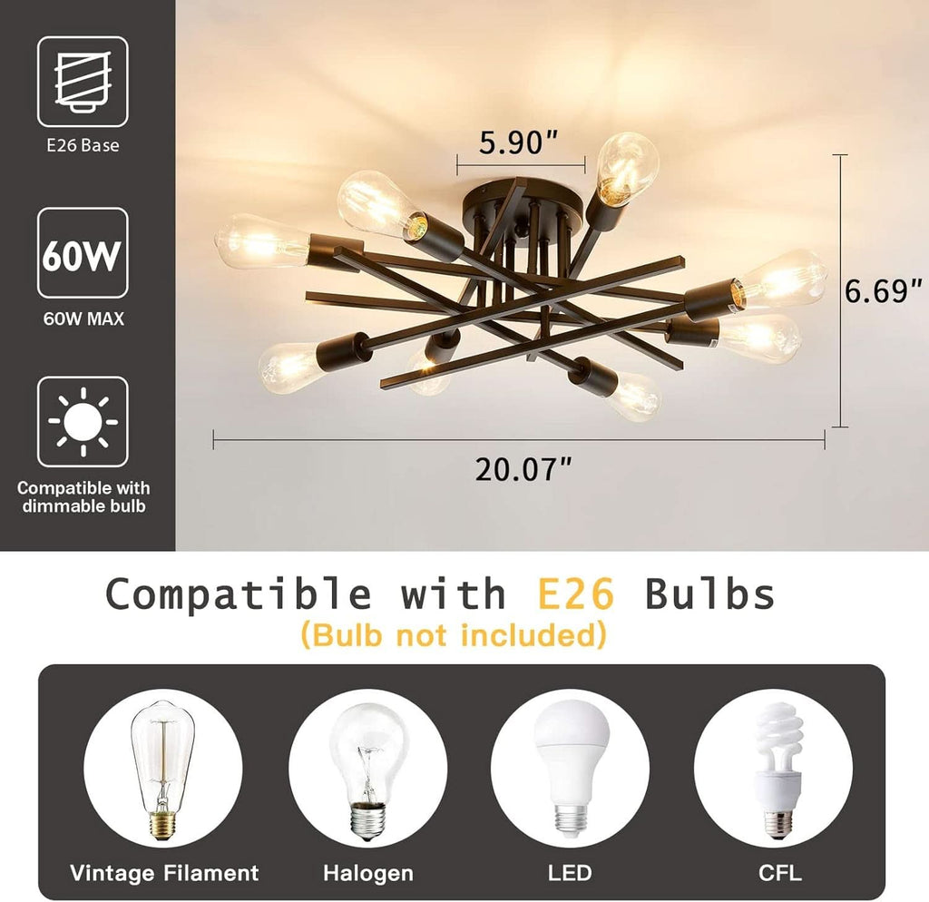 8 Light Matte Black Sputnik Chandelier Semi Flush Mount