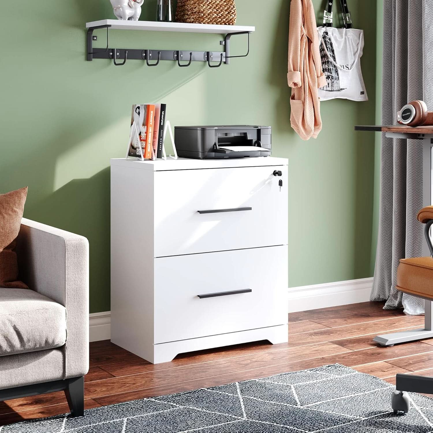 2 Drawer White Wood Lateral File Cabinet With Lock For Office Or Home Use Fits Any Desk