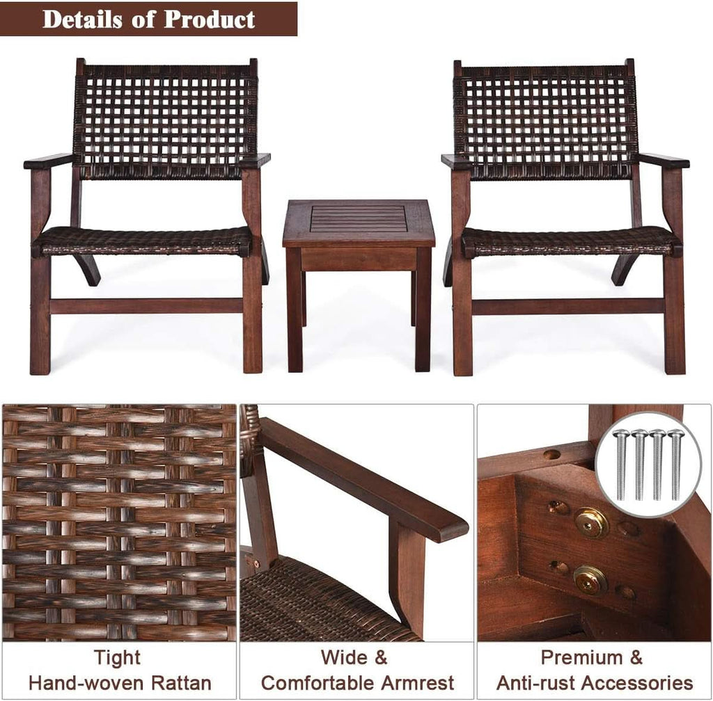 3 Piece Patio Conversation Set With Solid Eucalyptus Wood Frame And Brown Rattan Wicker